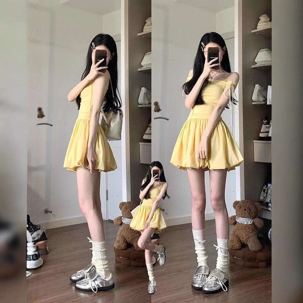 Abito a bretelle da bambina giallo latte francese stupendo aderente design di nicchia francese gonna a bocciolo gonna corta soffice estate