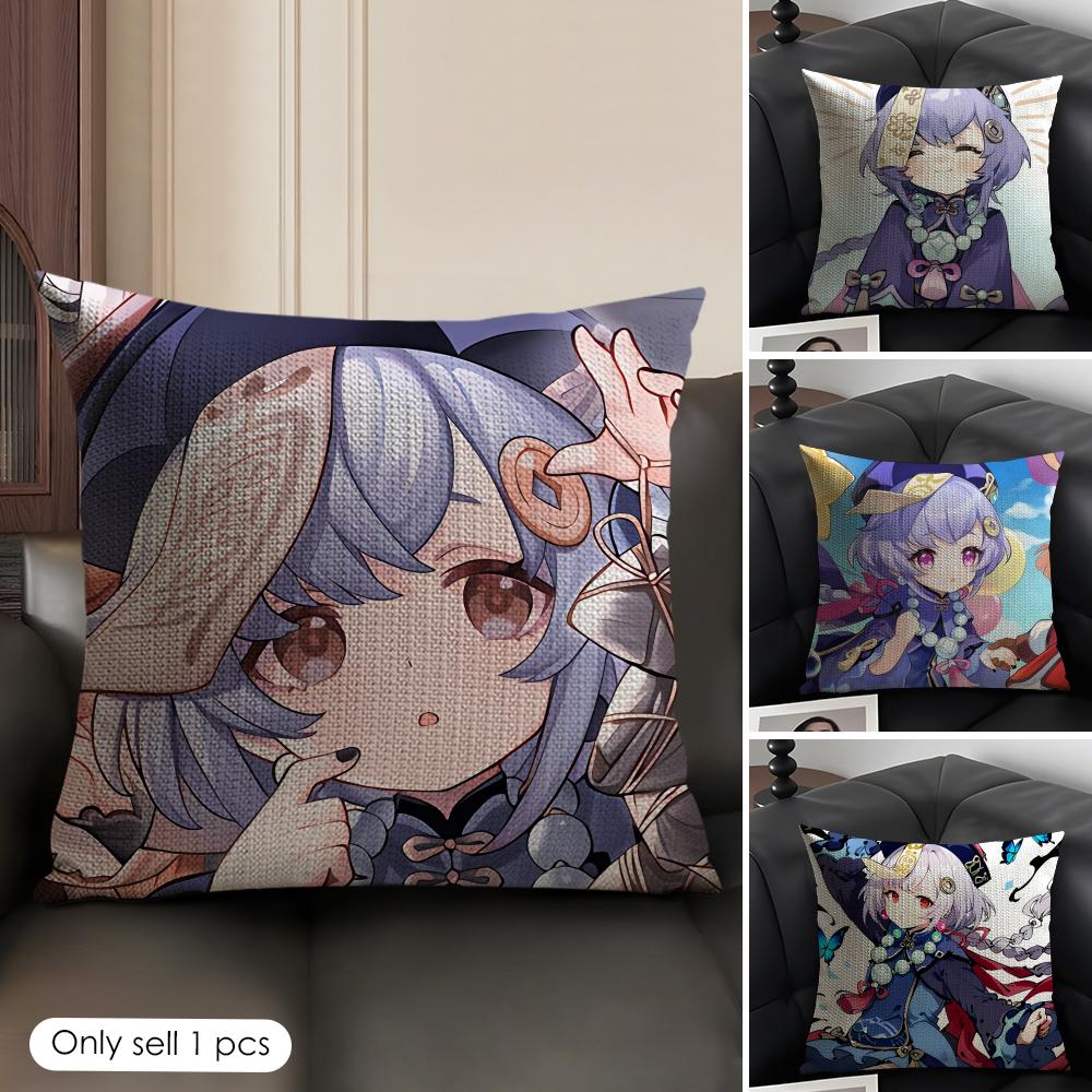 Qiqi Genshin Impact Cute Cushion Cover Natural Linen Organic Fabric DoubleSided Printing Sofa Home Decor Gift Pillow Case