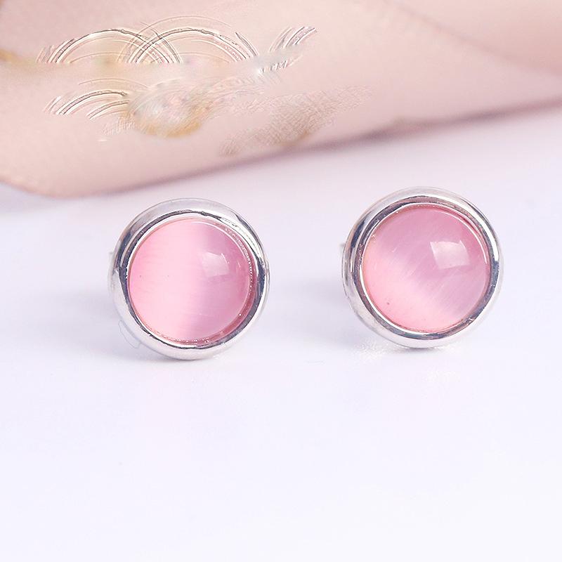 2 Colors Natural Stone Earrings  Silver Needle Round Fire Opal Pink Crystal Stud Earrings For Women Birthstone