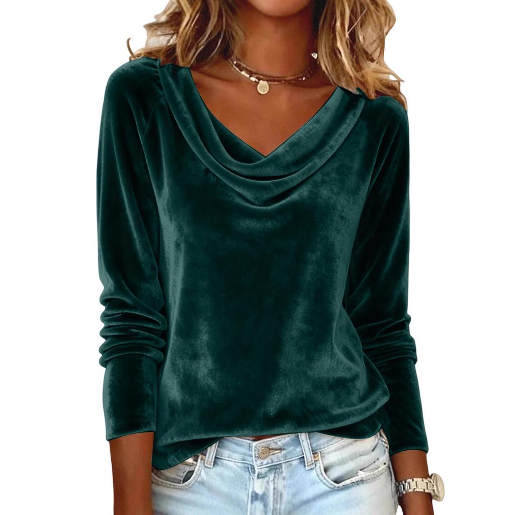2025 Draped Neck Long Sleeve Velvet T-Shirt for Women