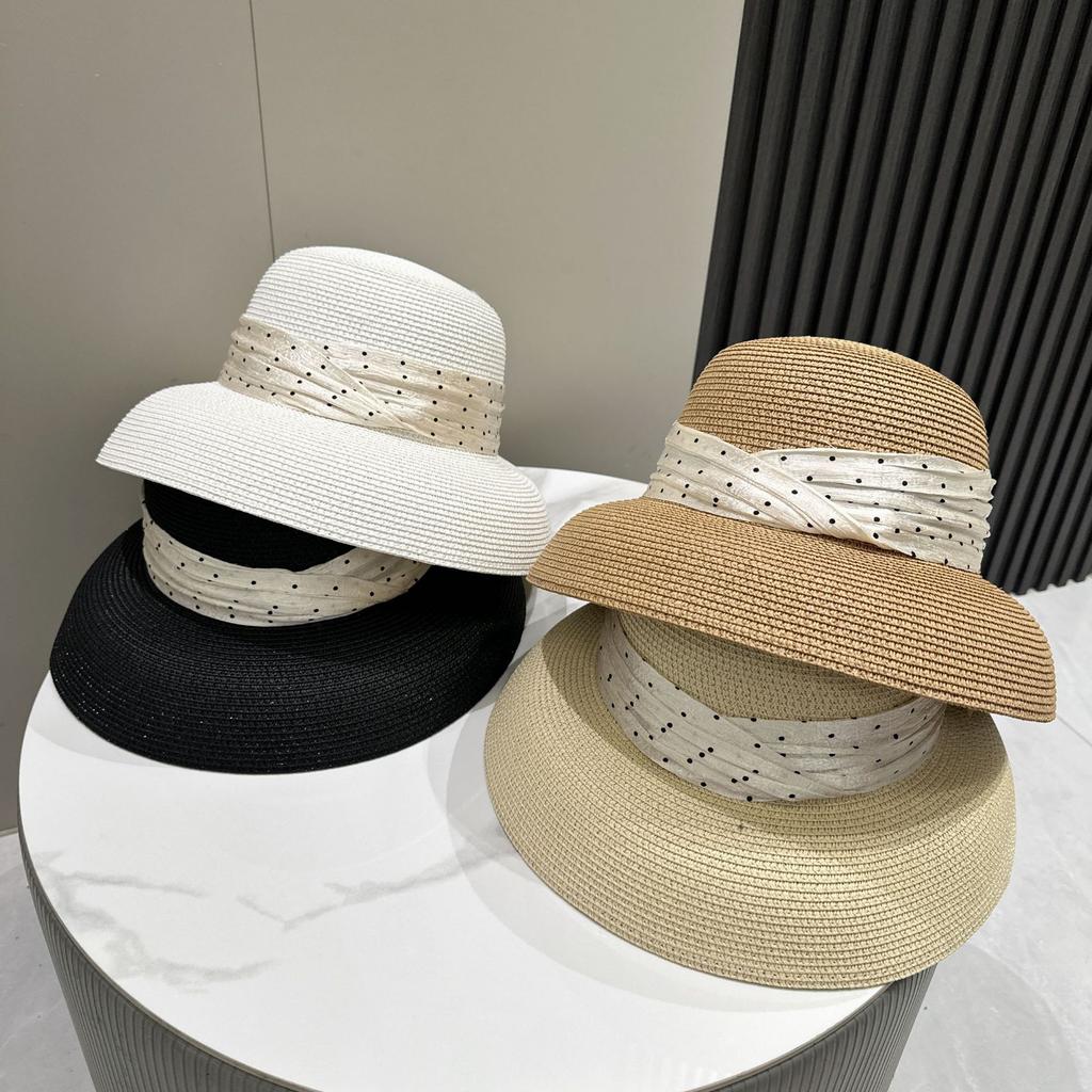 Elegant Polka Dot Ribbon Round Bucket Hat for Women Summer Sun Protection Fashion Outdoor Grass Sun Hat