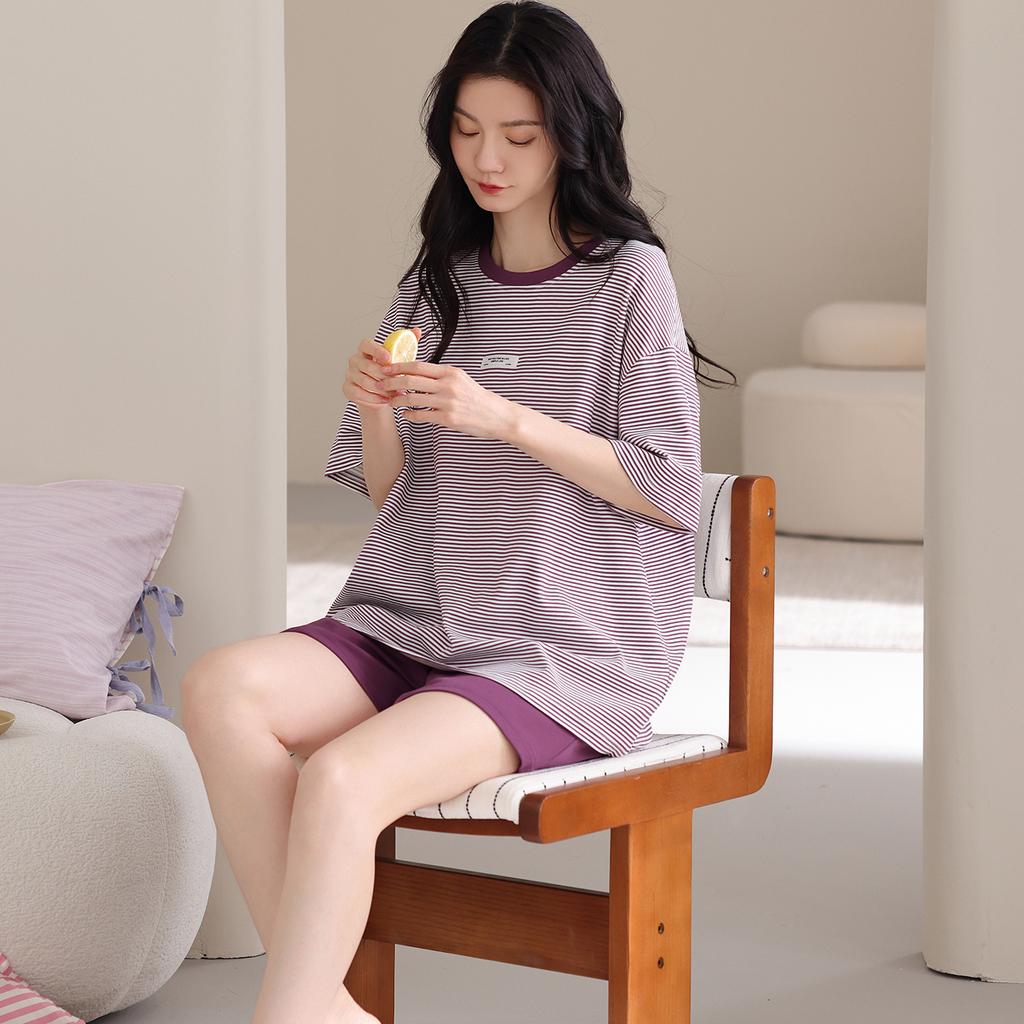 Pajamas Women's Summer Cotton Short Sleeve Shorts Fashion Stripes Slack Women's Casual Thin Loungewear