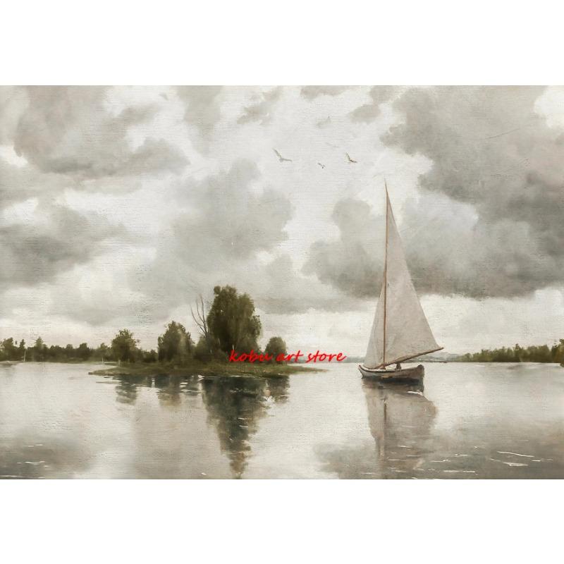 Vintage Neutral Sailboat Print Antique Nautical Sketch Art Poster Coastal Seascape Wall Art Canvas Painting Lake House Decor
