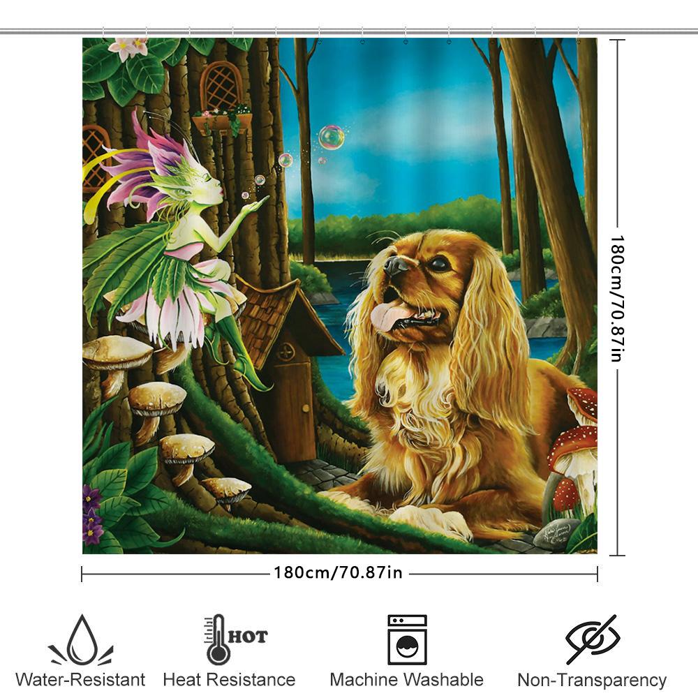 Magical Fairy Garden Decor Shower Curtain Fantasy Landscape With Dog Print Wall Hanging For Bathroom
