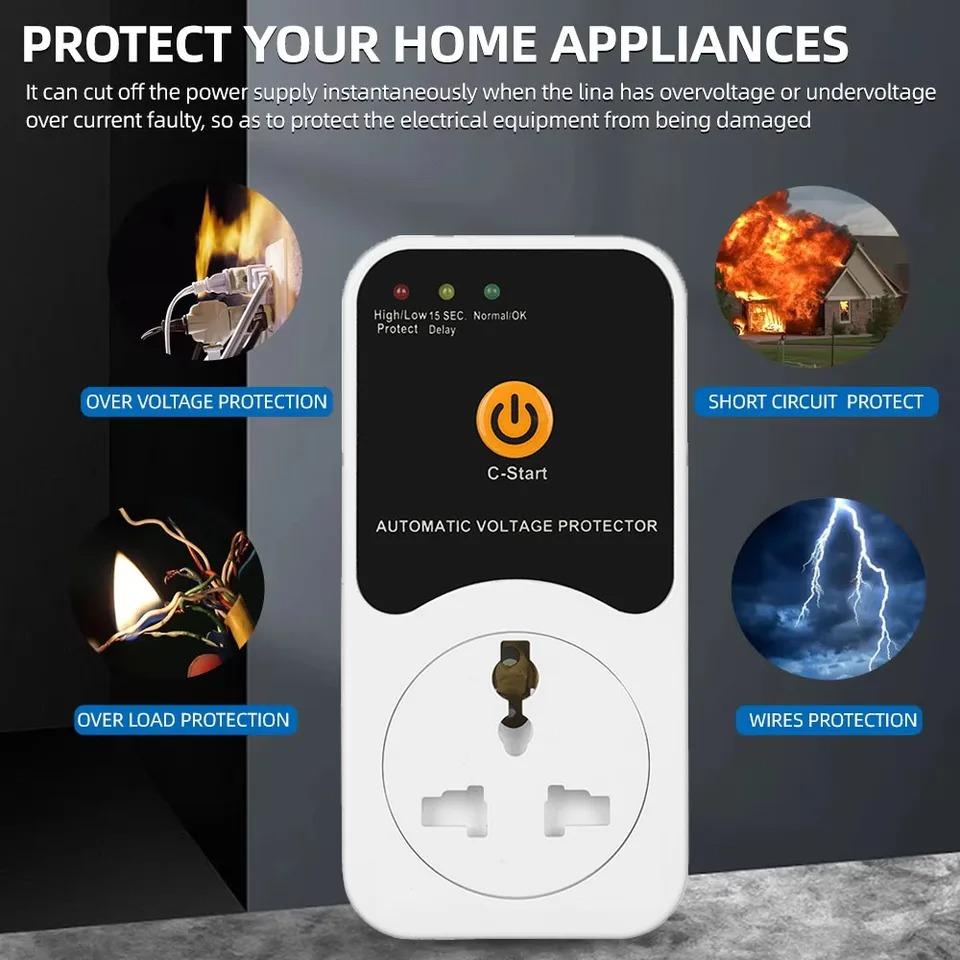 Prise Protecteur de Tension Automatique Protection de Sécurité Surtension/Sous-tension AC 220V Réglable 16A Prise Protecteur de Tension Fiche UE
