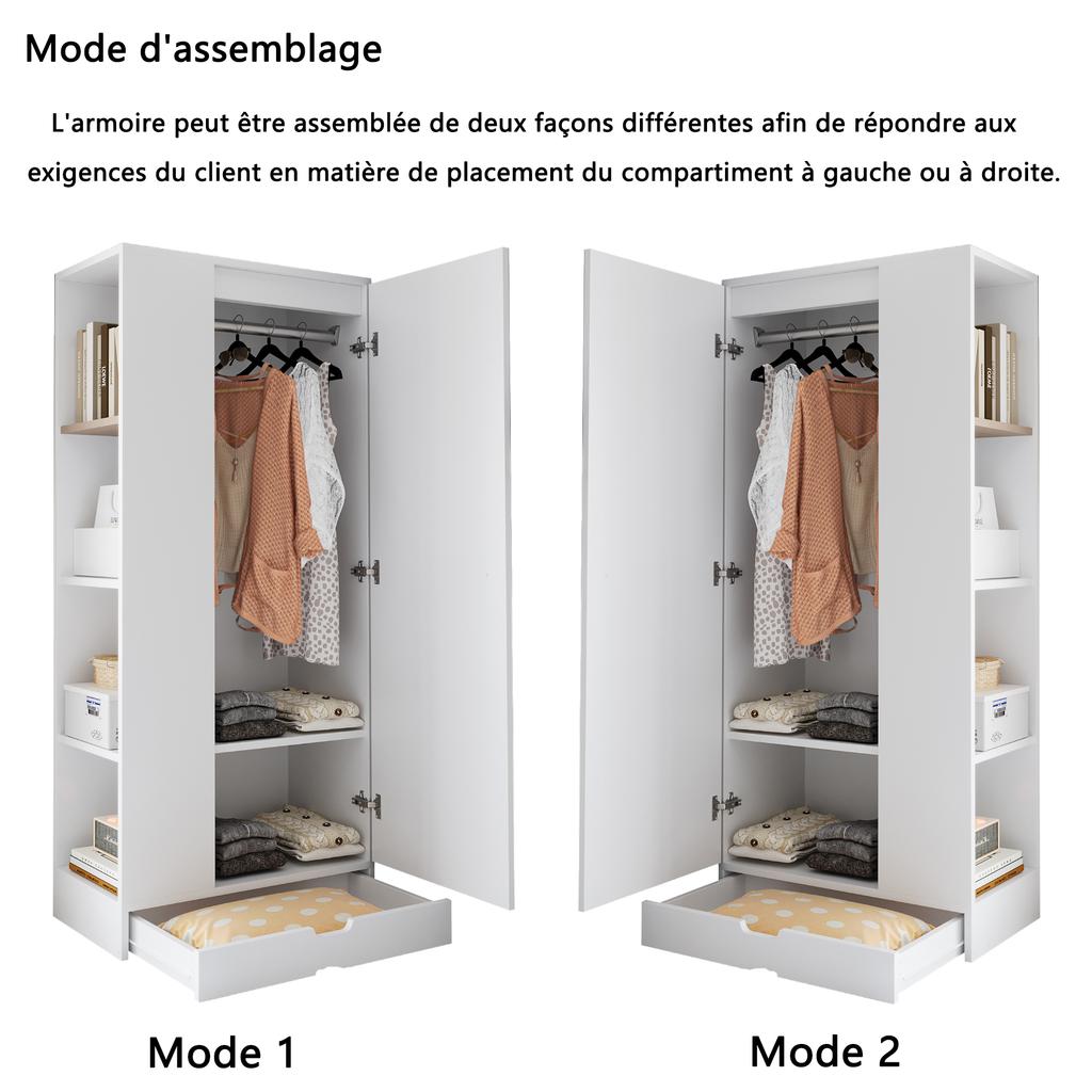Wardrobe 70*40*170cm, Single-Door Design, with Shelves and Drawers, Pure White
