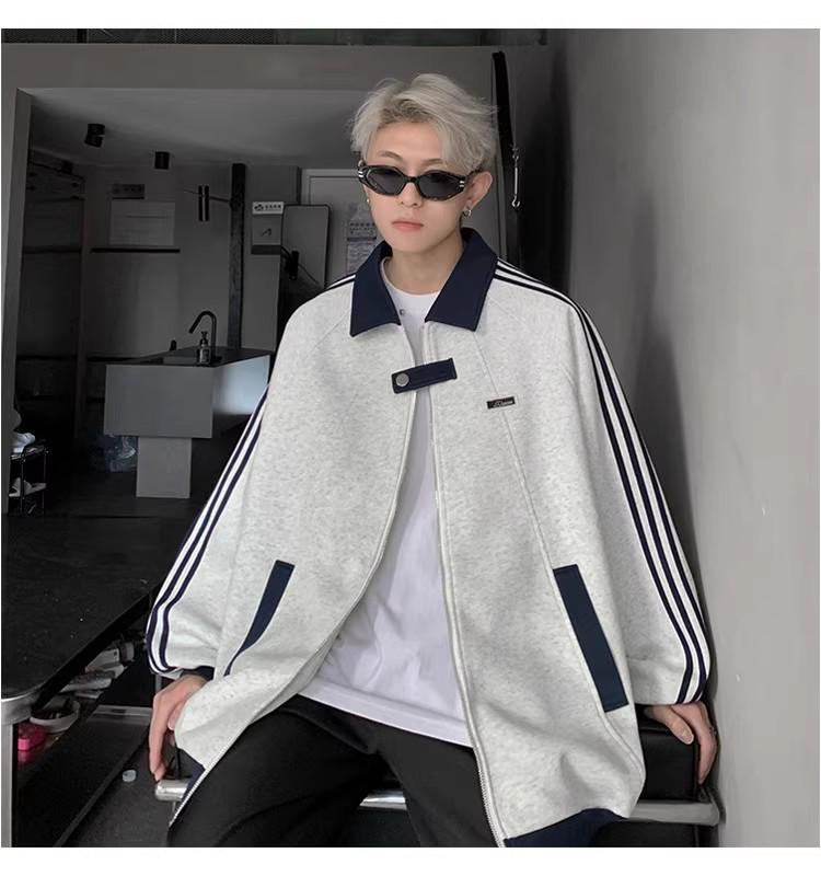 Men's Trendy American Patchwork Hoodie: Autumn College Style Striped Baseball Jacket