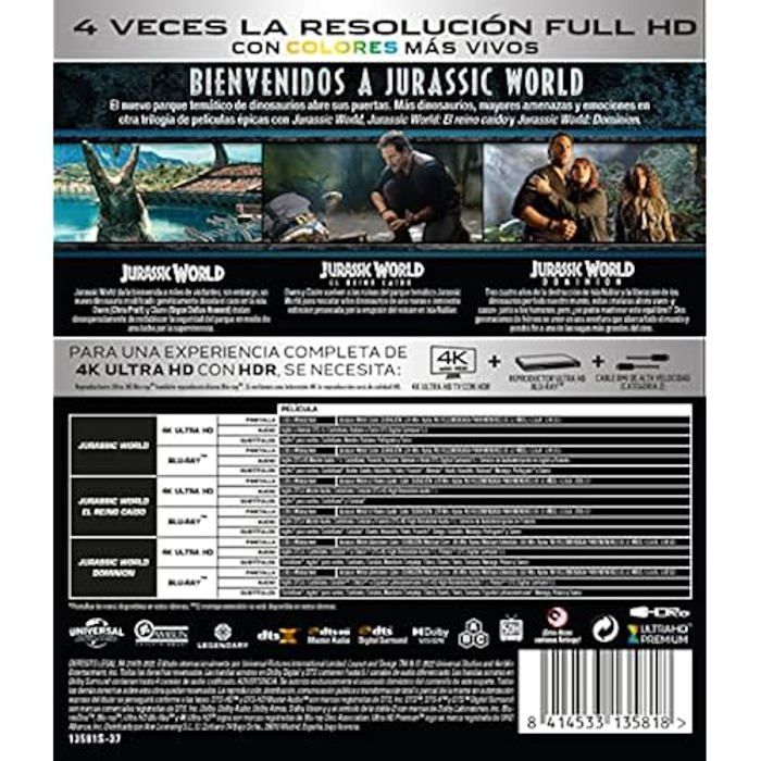 Pack jurassic world 1-3 - sony - 4k uhd + blu-ray - coffret collector - films d'aventure - dinosaures
