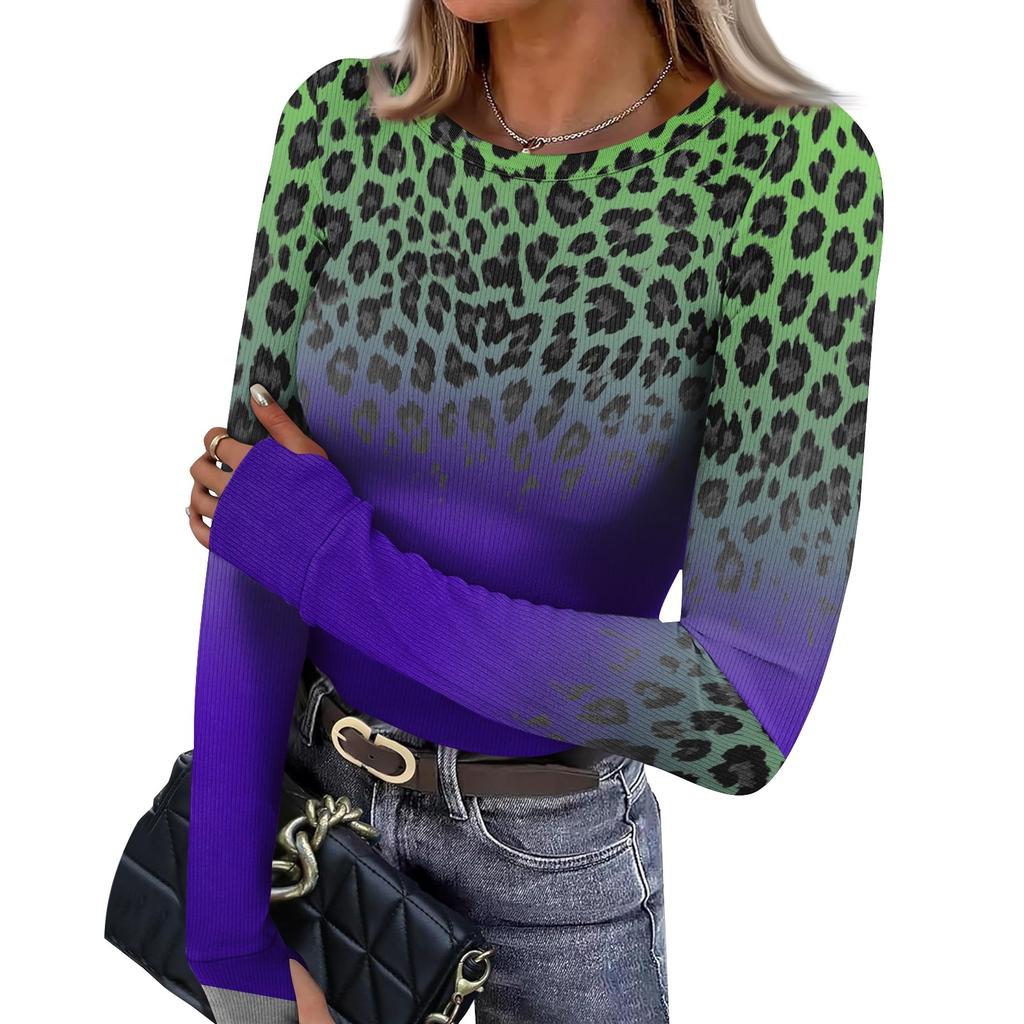 Women's Slim Fit Leopard Print Long Sleeve T-Shirt Neck Pullover Base Layer Top with Thumb Holes