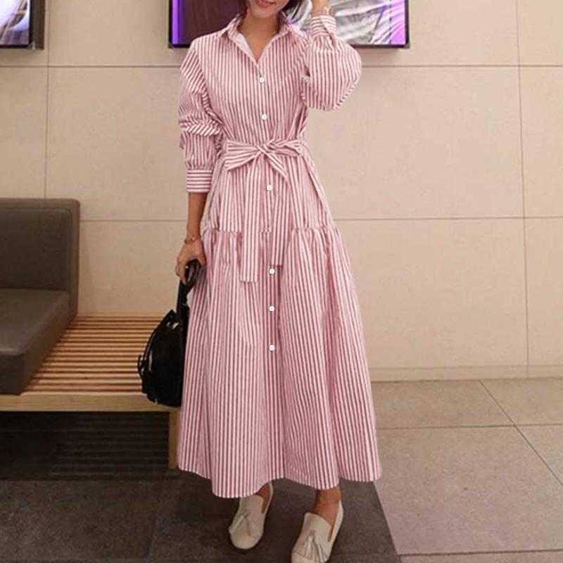 ZANZEA Women Casual Turn Down Collar Long Sleeve Loose Stripe Dress