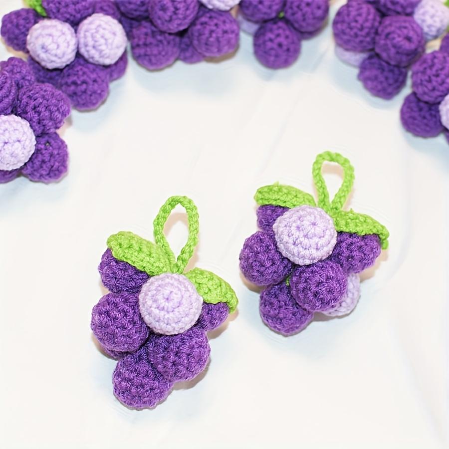 2pcs Handmade Crochet Grape Keychain - Purple Knitted Hanging Decoration with Green Leaves, Artifical Crocheted Fruits