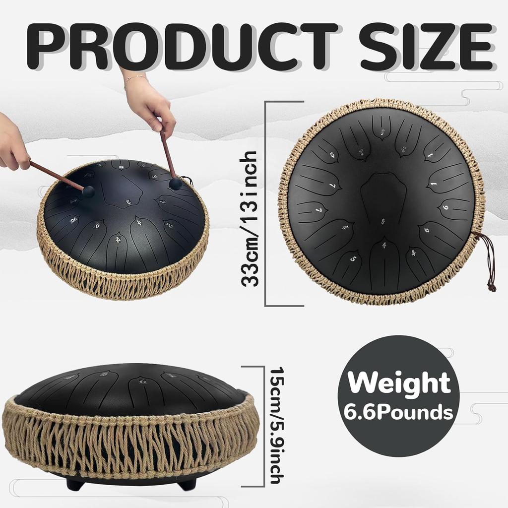 Hluru Music Drum 15 Notes Glucophone Steel Tongue Drum 13 Inch 15 Notes D Tone Ethereal Drum Percussion Musical Instruments