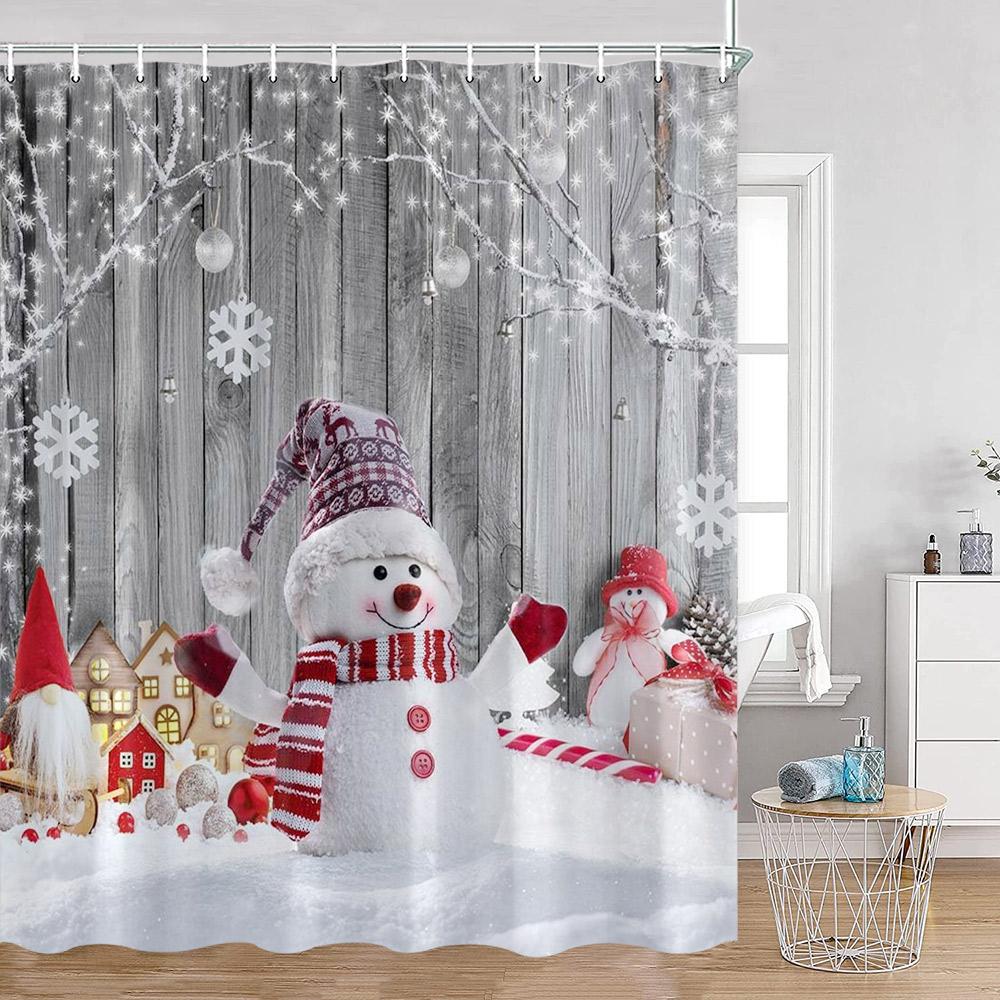 Christmas Snowman Happy New Year Shower Curtain Merry Christmas Winter Snowy Snowflake Pine Bathtub Decor Polyester Bath Curtain