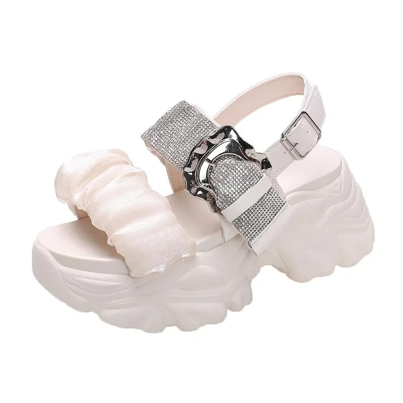 

7.5cm Women s Bling Strap Chunky Sandals Summer Thick Bottom Wedges Beach Slippers Woman Fashion High Platform Sandals Mujer 34 бежевый