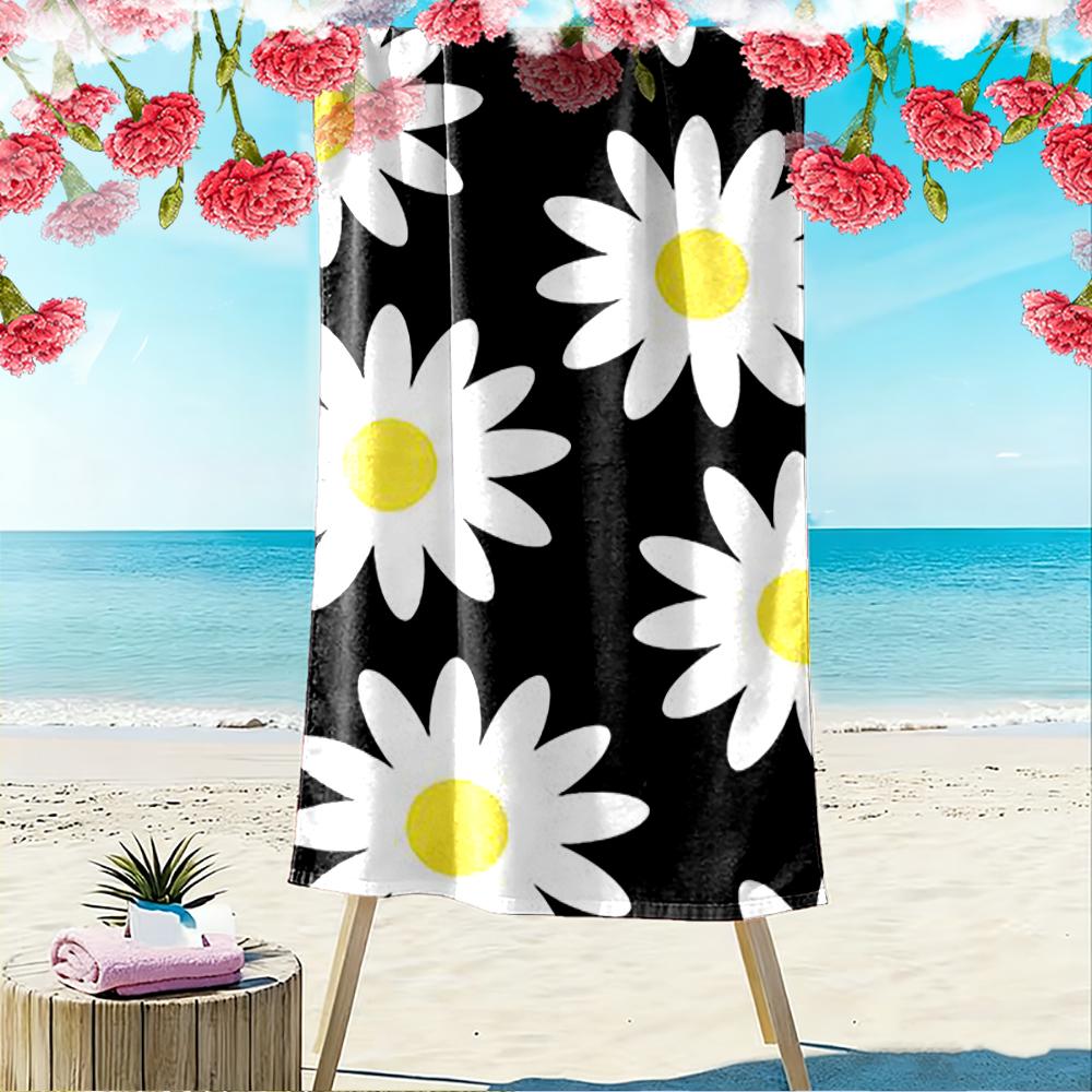 White Daisies on Black Background Beach towel quick-drying for travel outdoor sports jogging beach and swimming