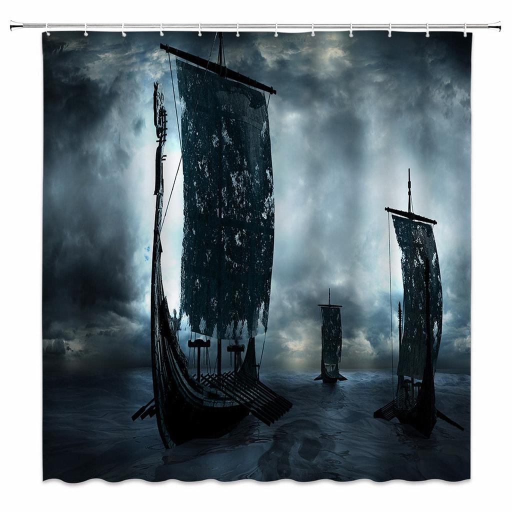 Wikinger-Duschvorhang, Vintage-Kriegsschiff der Wikinger, Drakkar, alte skandinavische und nordische Runen, Badezimmer-Dekor-Set, Accessoires