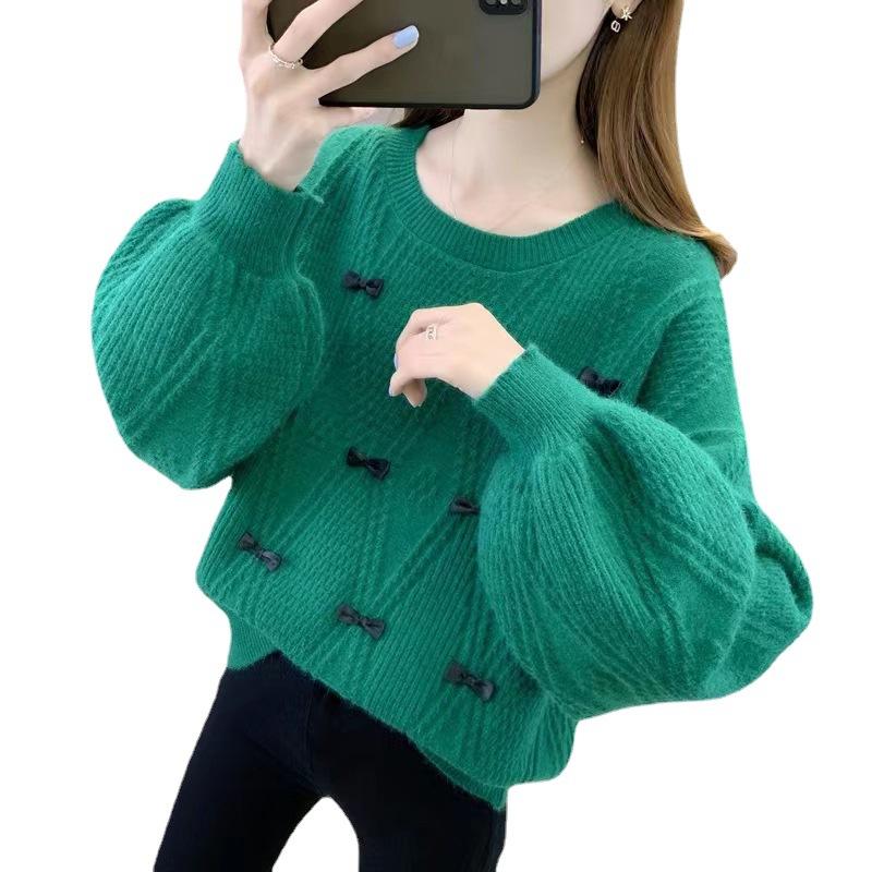 Women's Round Neck Pullover Base Sweater for Autumn and Winter Loose and Lazy Style Butterfly Knot Knit Sweater