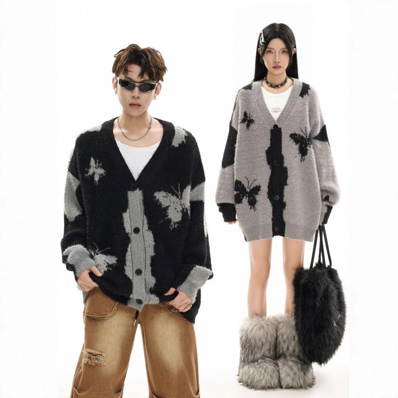 Unisex Oversized V-Neck Knit Cardigan With Contrast Jacquard Streetwear Casual Winter Sweater