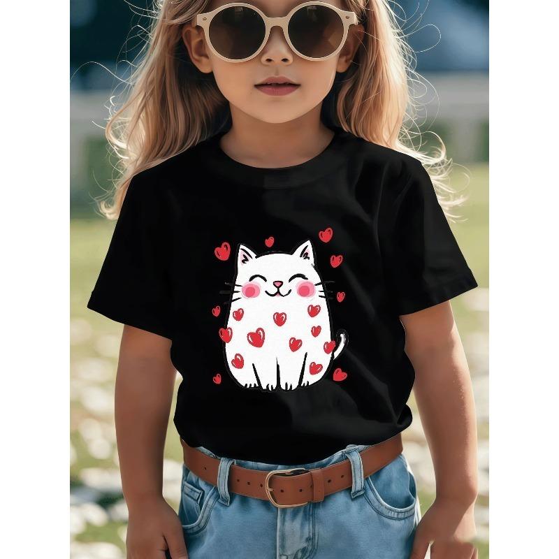 European sizes Cute Round White Kitten T-Shirt for Girls and Boys, Joyful Cartoon Design, Heart Hugging Pattern, Casual Crew Neck, Short Sleeve