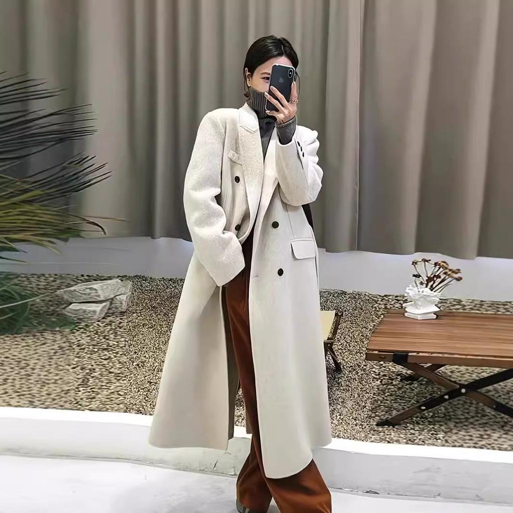 Autumn and winter belt double-sided fleece wool coat women's commuting Hepburn woolen thickened long barred collar jacket