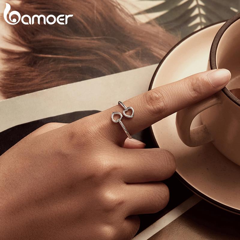 BAMOER 925 Sterling Silver Heart Open Adjustable Ring for Women Simple Stackable Band Rings