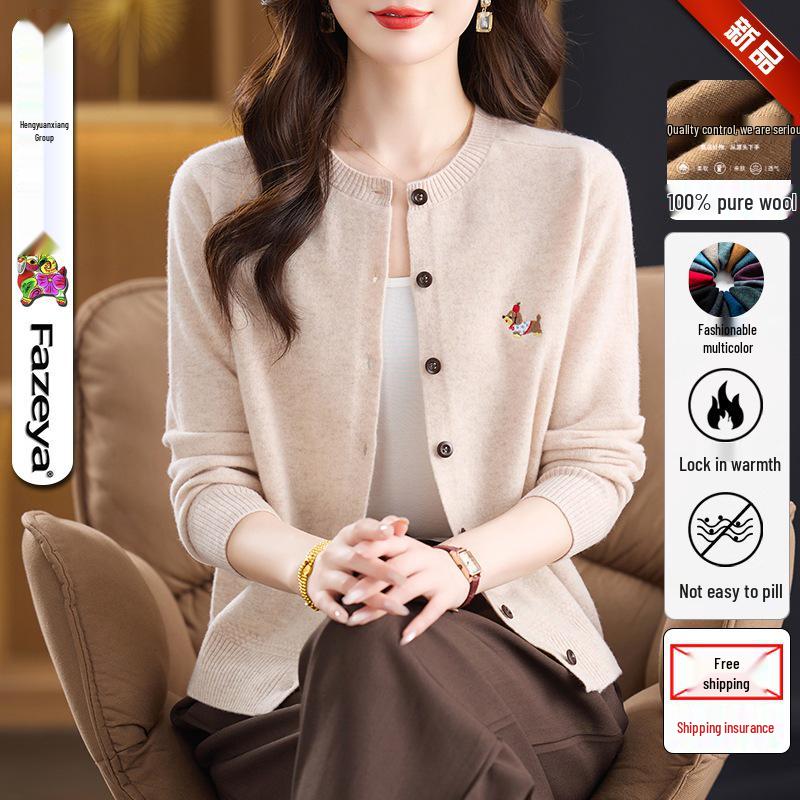 

Women s Autumn Pure Wool Puppy Embroidered Cardigan - Round Neck, Long Sleeve, Lightweight Knit Sweater Large бежевый