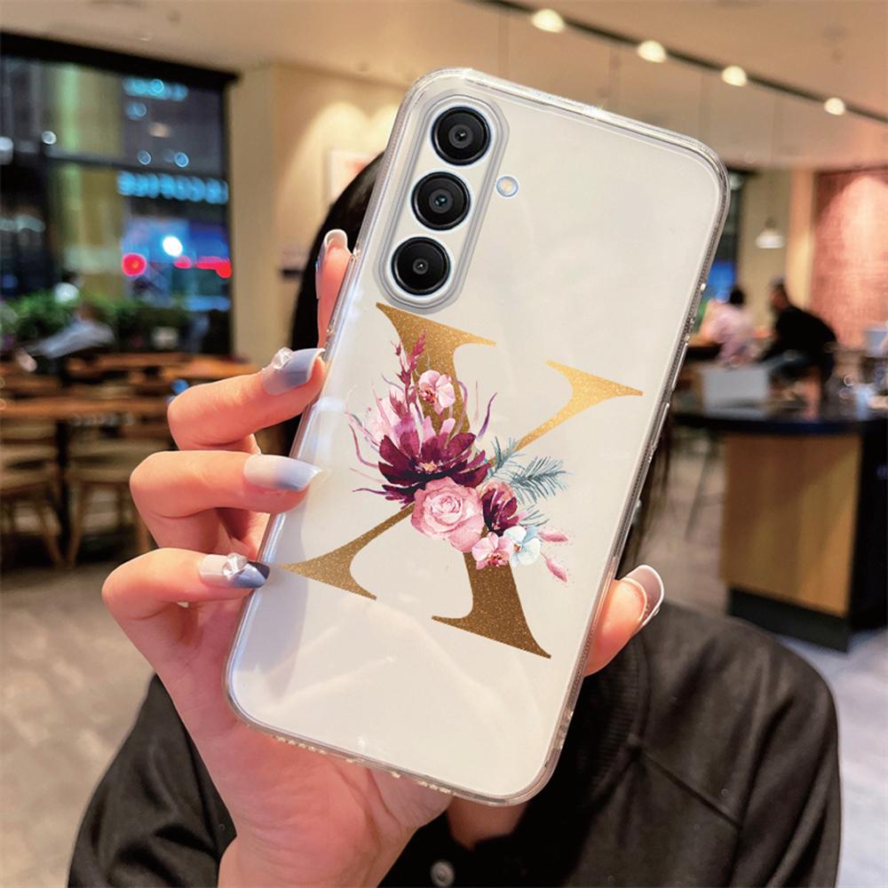 Transparent Phone Case Flowers Golden Rose Letters For Samsung Galaxy A55 A15 A25 A35 A07 A17 A06 A37 A57 Silicone Clear Cover