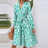 Women's Fashion Casual V-Neck Long Sleeve Waist Floral Print Midi Dress