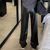 Office-lady Solid High-waist Leather Pants Streetwear Casual Straight Ladies Trousers Autumn Fashion Loose Black Pu Pants 29392