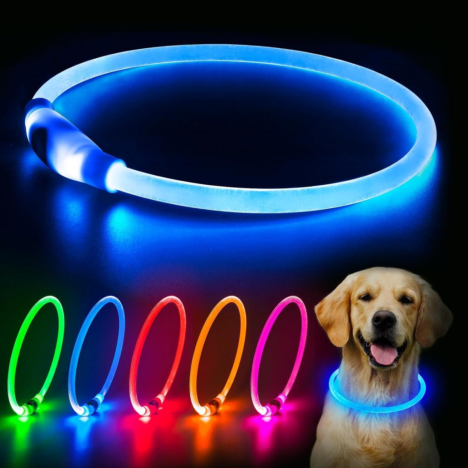 Flashseen LED Dog Collar, USB Rechargeable Glowing Lighted Up Collar, Cuttable Water-Resistant TPU Safety Collar Lights for Small Medium Large Dogs синий