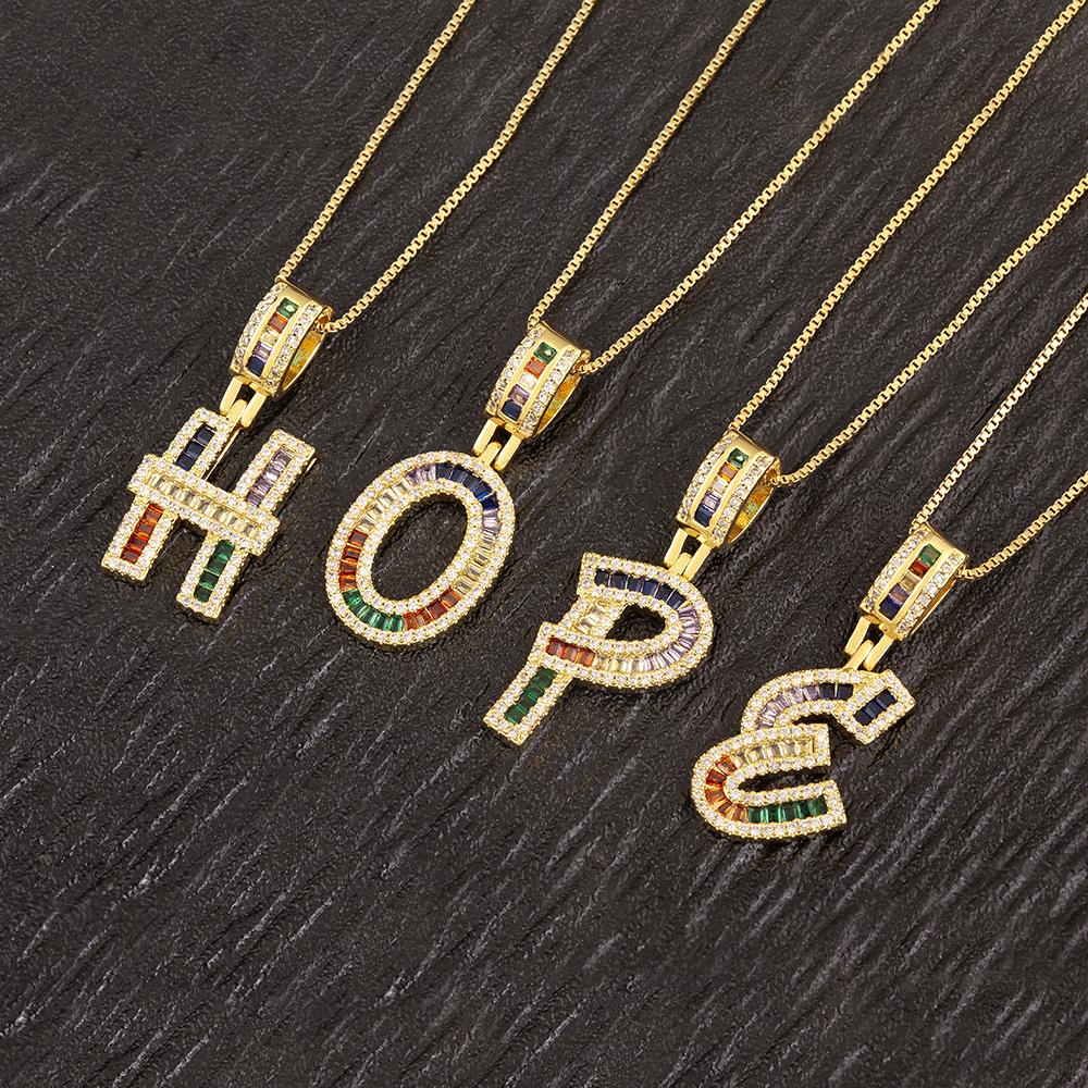 Nidin Simple Fashion 26 A-Z Letters Alphabet Rainbow Cubic Zirconia Pendant Necklace For Women Men Hip-Hop Style Copper Jewelry
