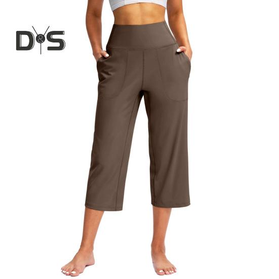Pantaloni de Yoga pentru Femei Elastici cu Talie Înaltă, cu Picior Larg, Pantaloni Crop cu Buzunare, Pantaloni Stil Sportiv Casual