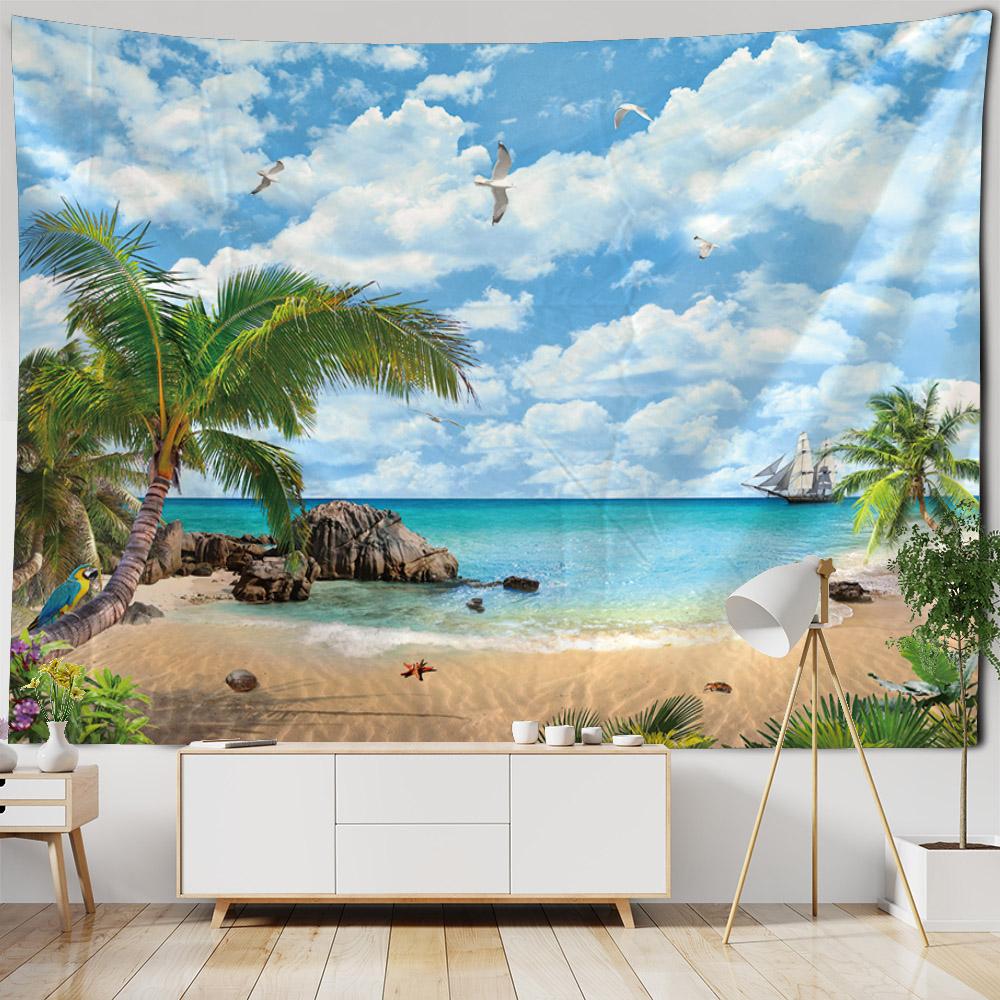 Beach landscape tapestry, coconut tree, sunrise, wall hanging poster, home wall decoration background cloth, living room bedroom