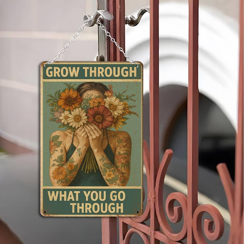 1pc Sign Funny Retro Tin Sign, Flower Pot Head Grow Through What You Go Through Sign Mental Health Sign Pot Head Sign