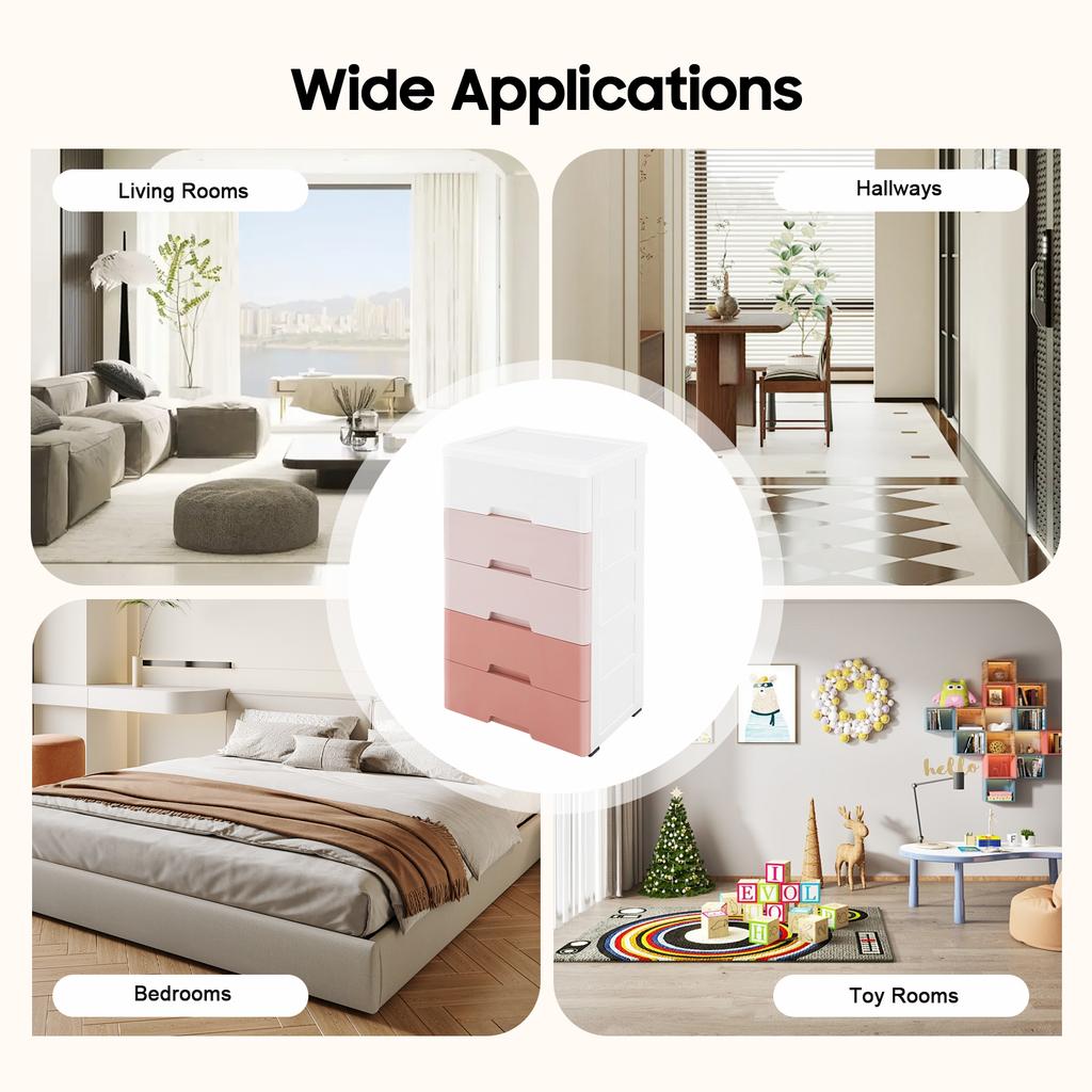 5-Drawer Storage Cabinet, 17.1x11.4x31.5in Plastic Organizer Dresser with Wheels, Modern PP Bookshelf for Bedroom, Closet, Offic