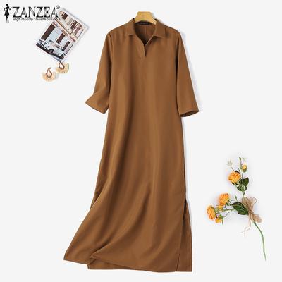 Women Casual Turn Down Collar 3/4 Sleeve Loose Long Shirt Dress