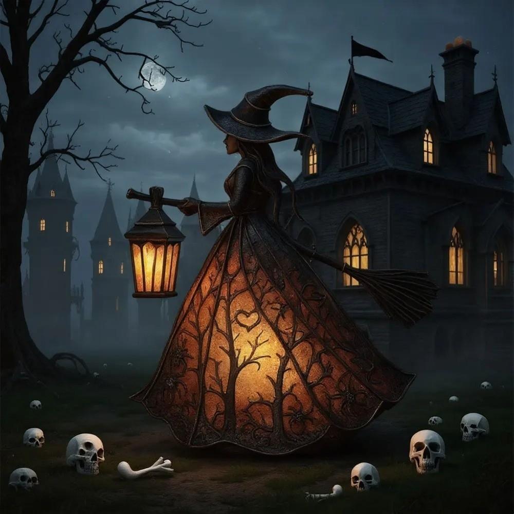 Strašidelné sošky čarodějnic na koštěti 16cm Pryskyřice Noční světlo Sváteční dekorativní lampa Halloweenská párty