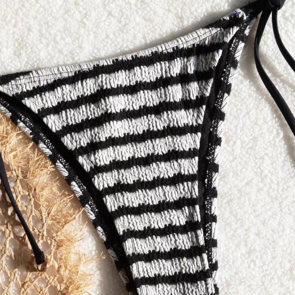 European and American Split Swimsuit Women's Black and White Striped Strap Bikini Sexy Vacation Hot Spring Swimsuit Women