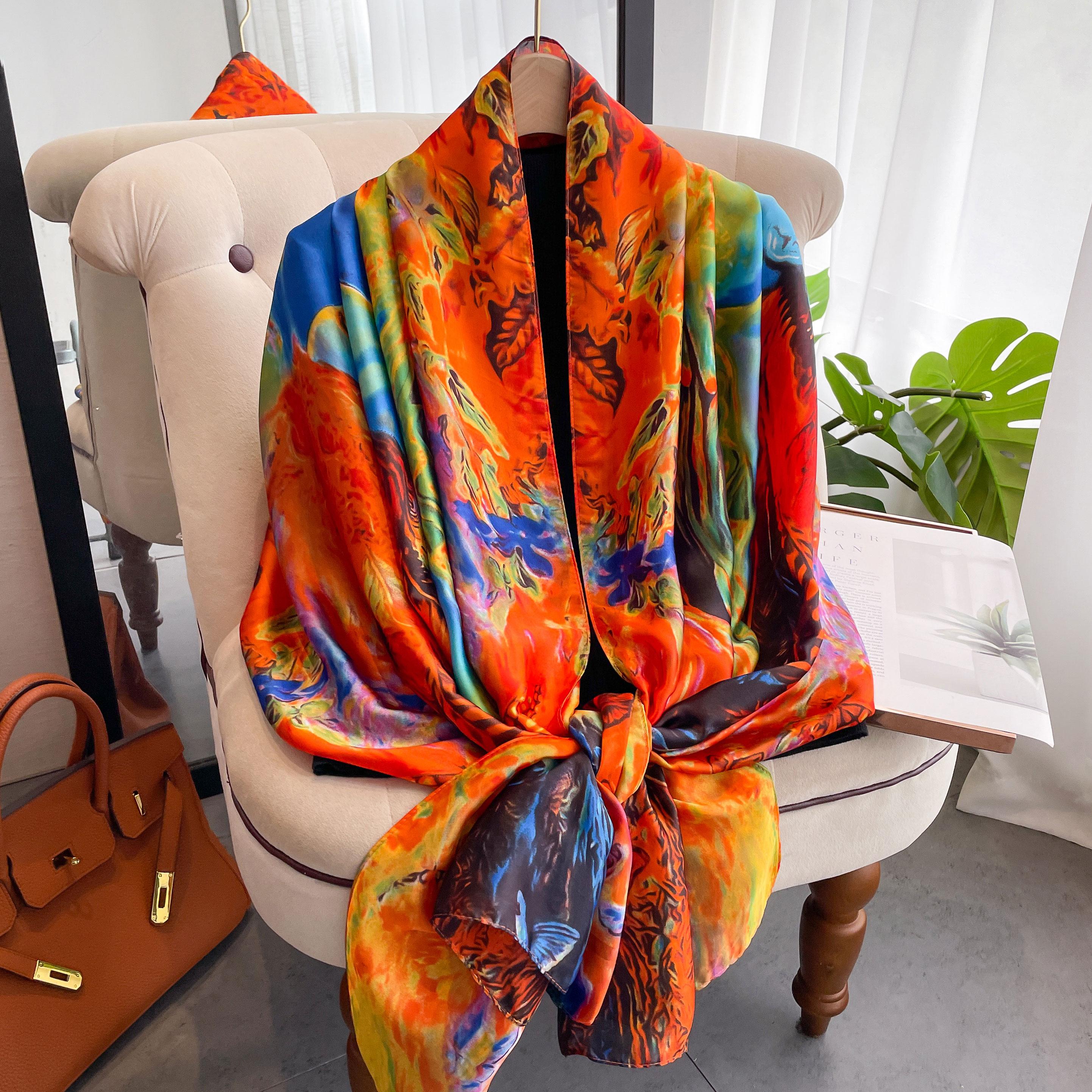 

Style 180*90Cm Fashion Dustproof Big Bandanna Popular Satin Finish Silk Shawls Scarves Luxury Print Sunscreen Beach Towel