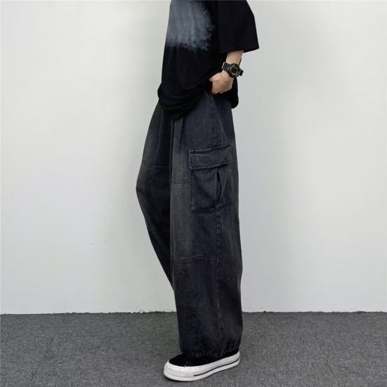 Men Baggy Cargo Jeans Multiple Pockets Solid Color Zipper Fly Loose Straight Wide Leg Pants Autumn Denim Trousers Streetwear