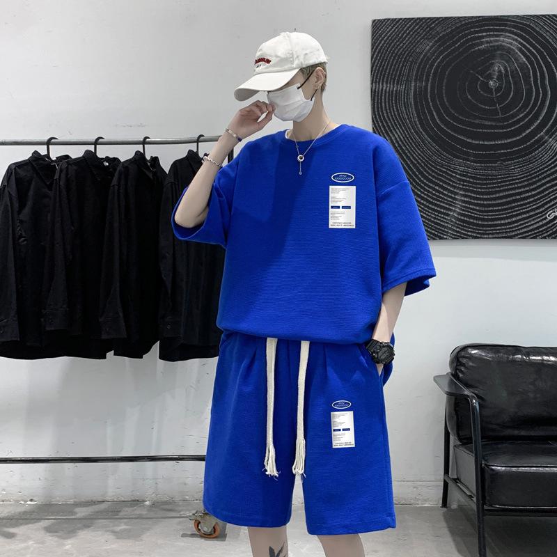 

Men s Trendy Summer Waffle Sports Set: Loose-Fit Short Sleeve & Shorts Two-Piece 3XL синій