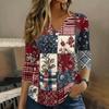 Women 3/4 Sleeve V Neck Henley Pullover Shirt American Flag Print Casual Loose Fit Top