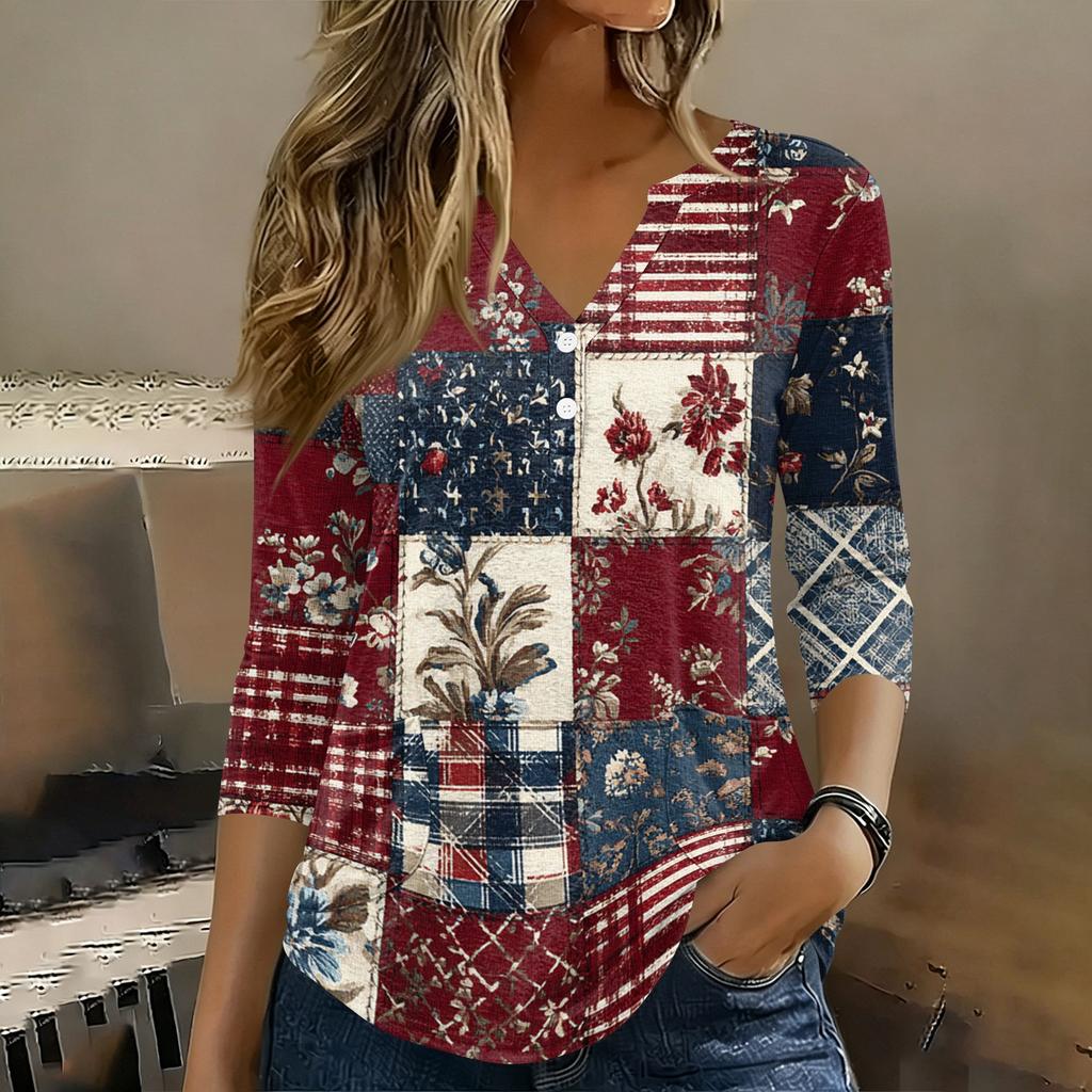 Women 3/4 Sleeve V Neck Henley Pullover Shirt American Flag Print Casual Loose Fit Top