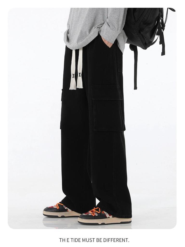 Men's Retro Wide-Leg Multi-Pocket Jeans - Spring/Fall Casual Workwear Pants