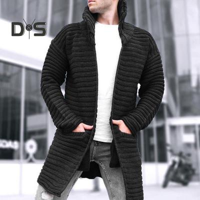 Men Cardigan Coat Knitted High Collar Long Sleeves Warm Pockets Sweater Coat Mid Length Pure Color Fall Winter Jacket