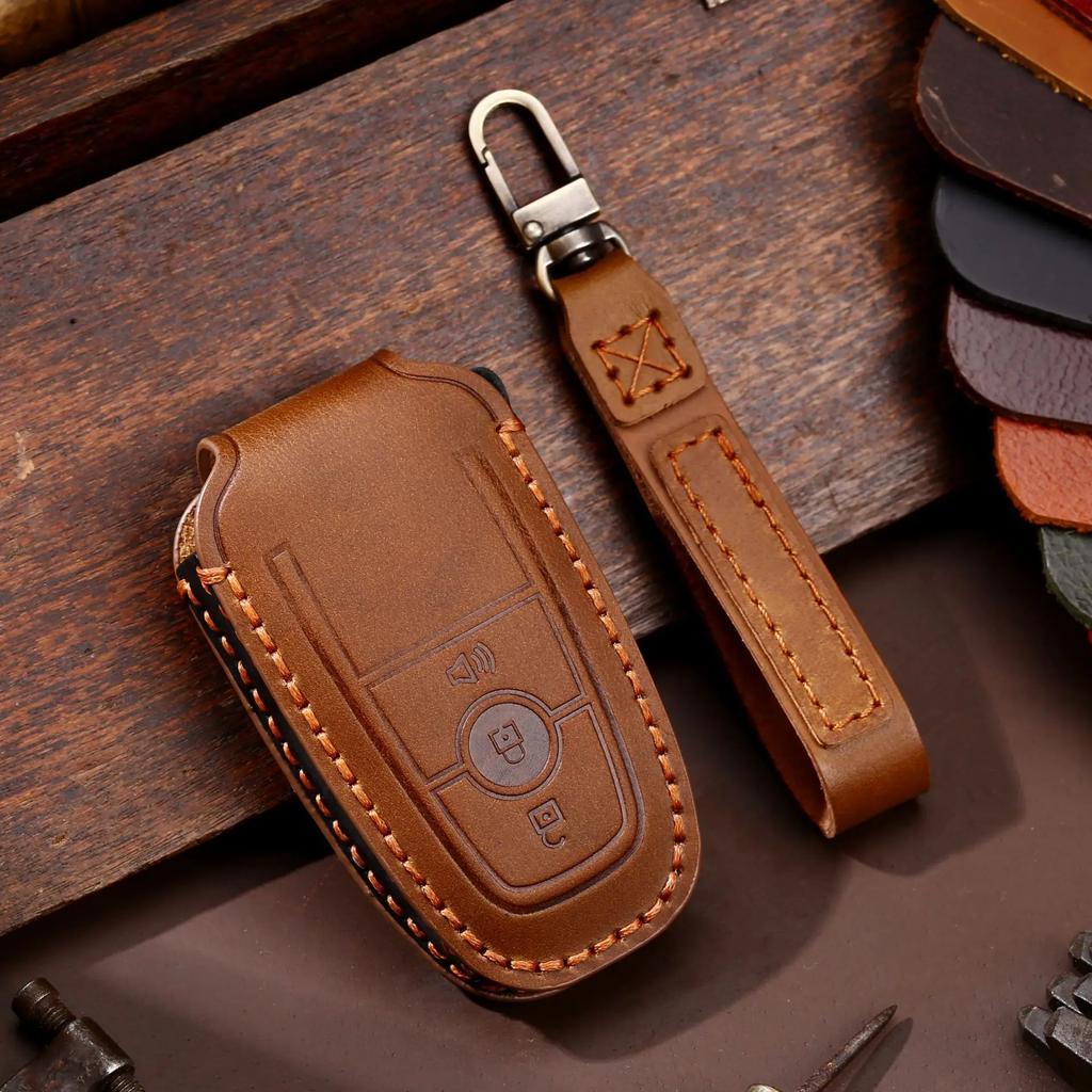 Leather Car Remote Key Case Cover for Ford Fusion Mustang Kuga Ecosport Explorer F-150 F-250 F-350 F-450 F-550 Raptor F150 Fob