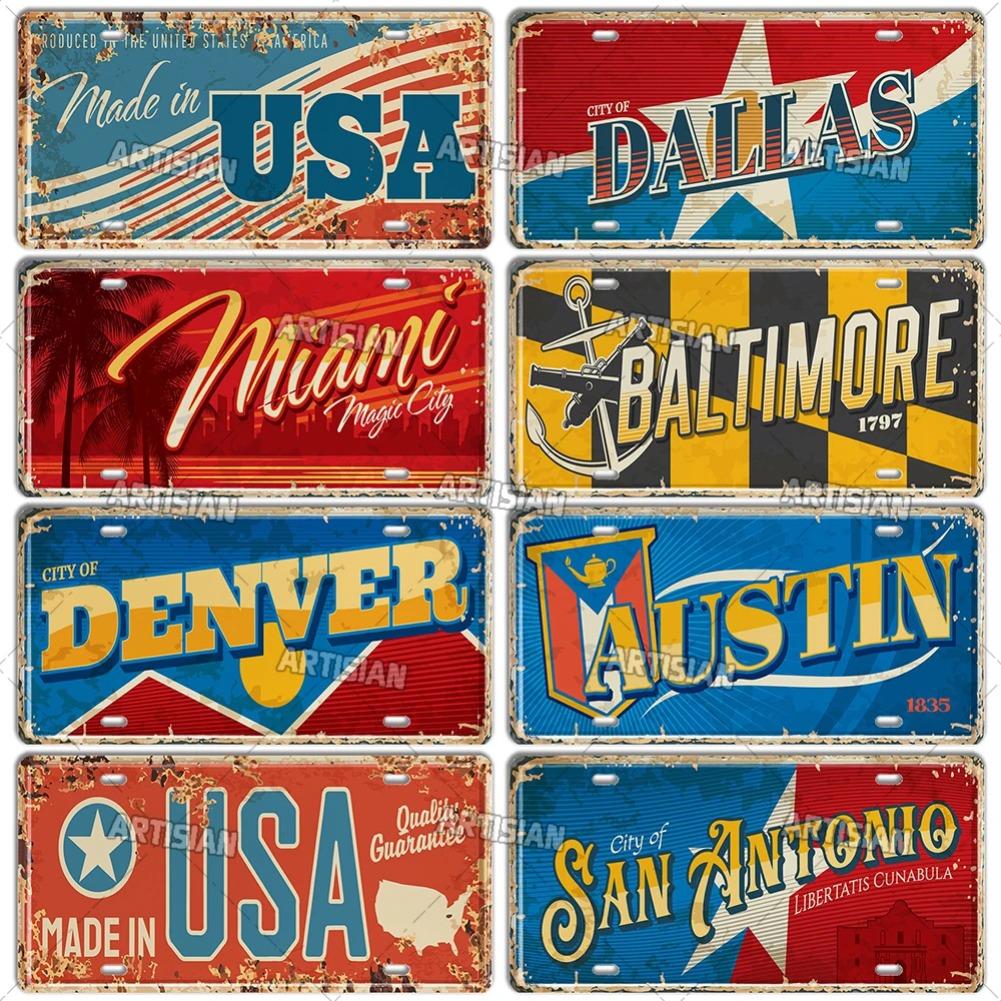 USA License Plate Landmark Metal Wall Sculpture|US City/State Design,Tin Plaque,Halloween&Christmas Gift,Garage/Bar/Cafe Decor