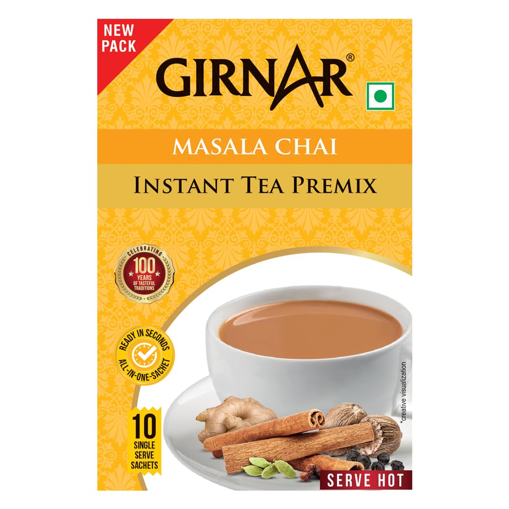 Girnar Instant Masala Tea Premix 10 Sachets – Authentic Spiced Assam Chai Powder, Vegan, Aromatic Travel-Friendly Indian Beverage