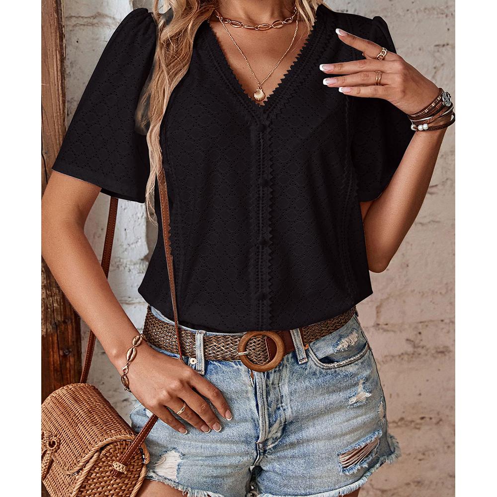 Dressy Summer Eyelet Tops for Women Short Sleeve Lace V Neck Tunic Blouse Loose Button Up Casual Tee Shirts