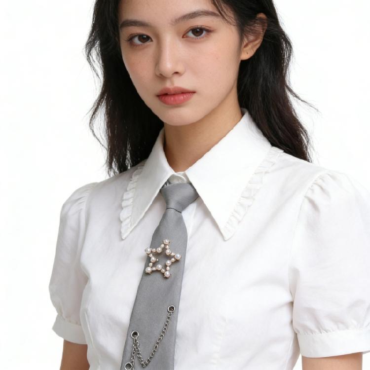 Student Pre Tied Neck Ties Preepy Look Pearls Star Metal Chain Dark Tie Cravat Neck Wear Accessories